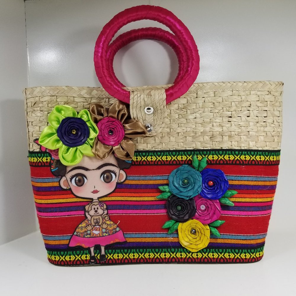 Frida Kahlo Artisanal straw woven tote bag bright colors new